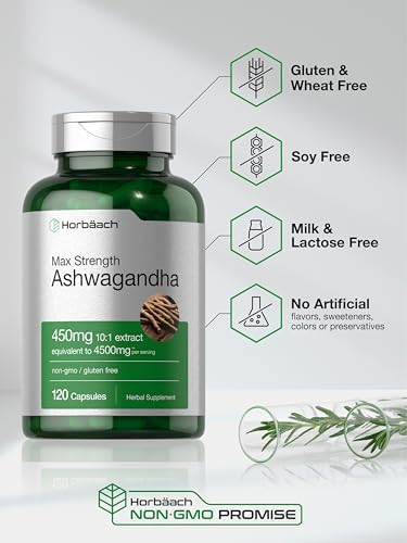 Horb ach Ashwagandha Supplement   Max Strength   120 Capsules   Non GMO  Gluten Free