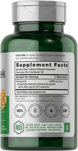 Horbäach Cápsulas de fenogreco 3000 mg | 150 unidades | Extracto sin OMG y sin gluten | Semillas de fenogreco