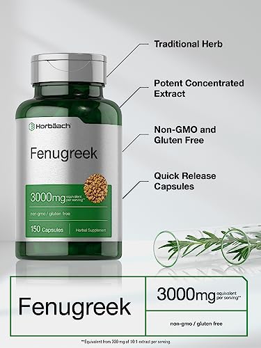 Horbäach Cápsulas de fenogreco 3000 mg | 150 unidades | Extracto sin OMG y sin gluten | Semillas de fenogreco