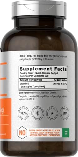 Horb ach Vitamin E Softgel Capsules   400 iu   268mg   300 Count   Non GMO and Gluten Free Naturally Sourced Formula   D Alpha Tocopherol