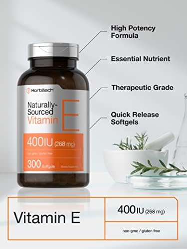 Horb ach Vitamin E Softgel Capsules   400 iu   268mg   300 Count   Non GMO and Gluten Free Naturally Sourced Formula   D Alpha Tocopherol