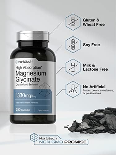 Horbaach Magnesium Glycinate 1330mg   250 Capsules   Buffered with Chelated Minerals   240 mg per Serving   Non GMO  Gluten Free Supplement