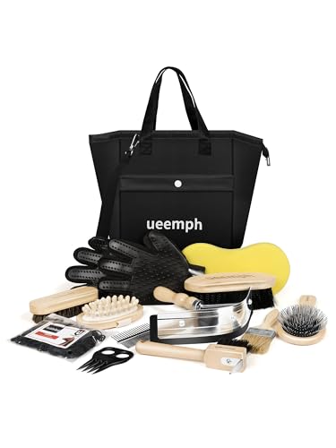 Horse Grooming Kit  12 Piece   Brushes  Storage Bag  Sweat Scraper  Mane Comb  Grooming Gloves  Horse Gift for Girls  Black