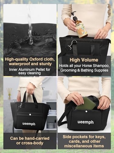 Horse Grooming Kit  12 Piece   Brushes  Storage Bag  Sweat Scraper  Mane Comb  Grooming Gloves  Horse Gift for Girls  Black