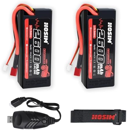 Hosim 2PCS 2S 7 4V 2600mAh Lipo Battery 25C with 1 USB Chargers & 1 Battery Strap RC Car Truck RC Vehicles Boat Battery Fit for X08 X07 X07W High Speed RC Cars 1/10 Scale