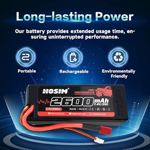 Hosim 2PCS 2S 7 4V 2600mAh Lipo Battery 25C with 1 USB Chargers & 1 Battery Strap RC Car Truck RC Vehicles Boat Battery Fit for X08 X07 X07W High Speed RC Cars 1/10 Scale
