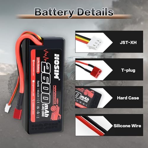 Hosim 2PCS 2S 7 4V 2600mAh Lipo Battery 25C with 1 USB Chargers & 1 Battery Strap RC Car Truck RC Vehicles Boat Battery Fit for X08 X07 X07W High Speed RC Cars 1/10 Scale
