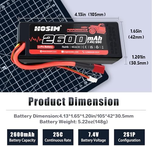Hosim 2PCS 2S 7 4V 2600mAh Lipo Battery 25C with 1 USB Chargers & 1 Battery Strap RC Car Truck RC Vehicles Boat Battery Fit for X08 X07 X07W High Speed RC Cars 1/10 Scale