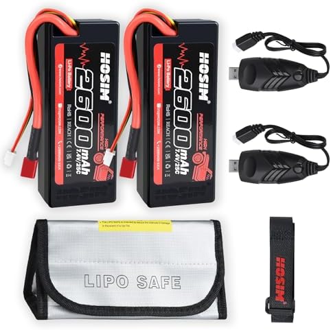 Hosim 2PCS 2S 7 4V 2600mAh Lipo Battery 25C with 1 USB Chargers & 1 Battery Strap RC Car Truck RC Vehicles Boat Battery Fit for X08 X07 X07W High Speed RC Cars 1/10 Scale