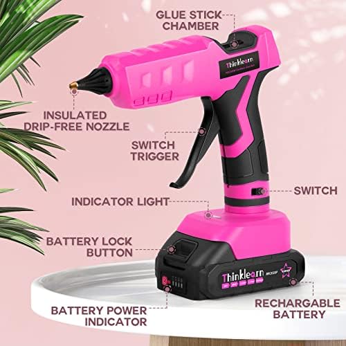 Hot Glue Gun  20V Pink Cordless Glue Gun with 30 PCS Full Size Glue Sticks  2Ah Rechargeable Battery Glue Gun Kit for DIY  Arts & Craft  Decorations  Gift for Women
