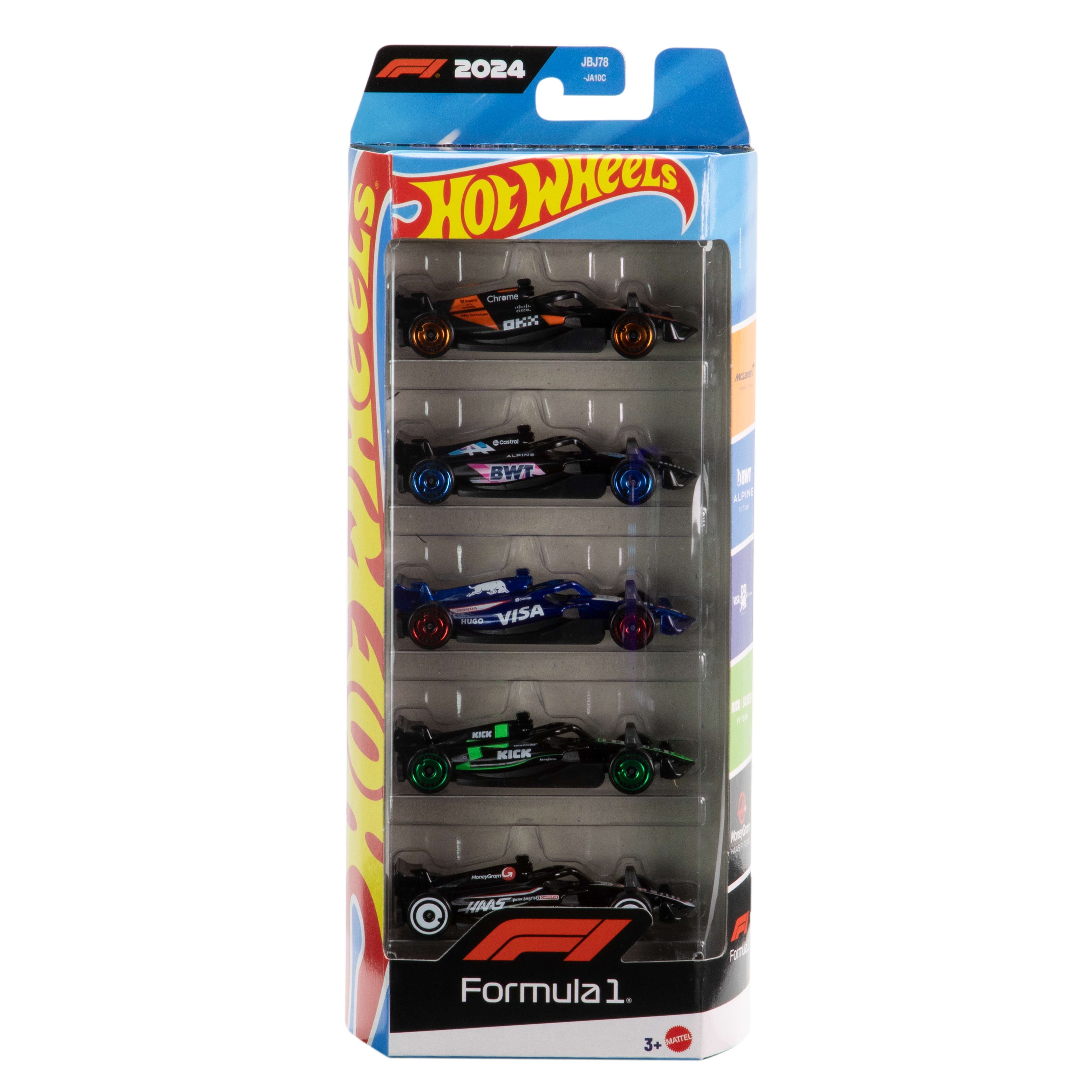 Hot Wheels Paquete de 5 Equipo de Carreras, Set de 5 Autos de Juguete de Fundición a Presión con Temática de Fórmula 1 a Escala 1:64