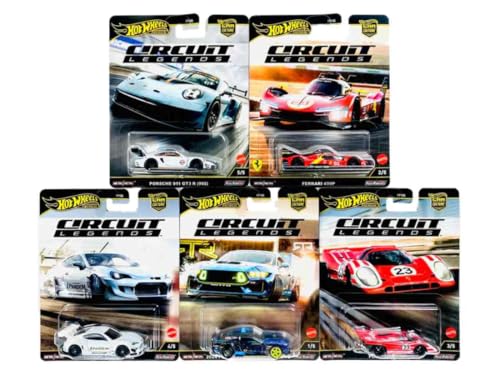 Hot Wheels Circuit Legends - Juego de carreras fundido a presión – Porsche, Ferrari, Ford y Subaru, escala 1:64, edades 3 + (paquete de 5) FPY86-961K