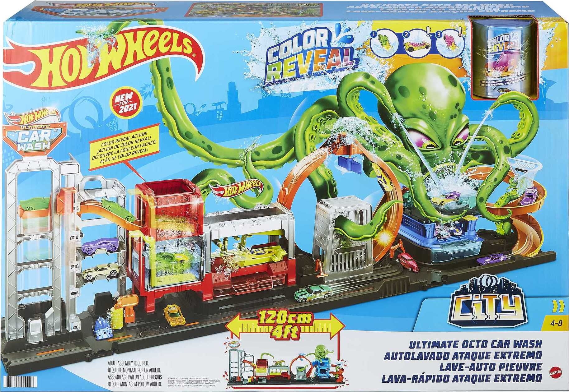 Hot Wheels City Ultimate Octo Car Wash Playset & 1 Color Reveal Toy Car in 1 64 Scale