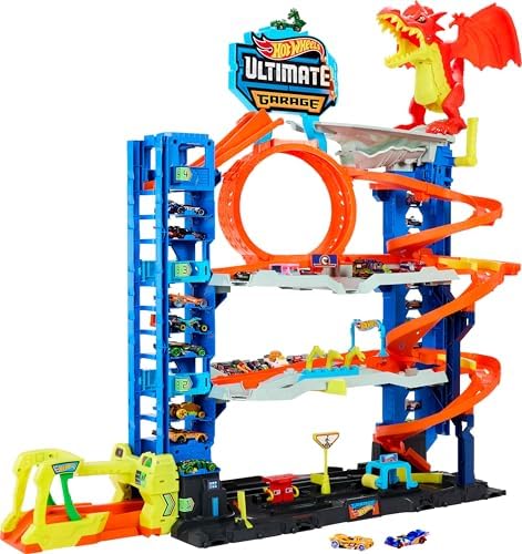 Hot Wheels City Ultimate Garage Track Set with 2 Die Cast Toy Cars & Car Eating Dragon  Stores 50  Vehicles  4 Levels