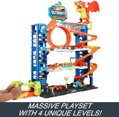 Hot Wheels City Ultimate Garage Track Set with 2 Die Cast Toy Cars & Car Eating Dragon  Stores 50  Vehicles  4 Levels