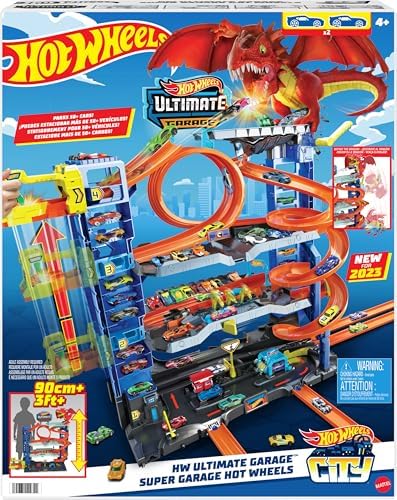 Hot Wheels City Ultimate Garage Track Set with 2 Die Cast Toy Cars & Car Eating Dragon  Stores 50  Vehicles  4 Levels