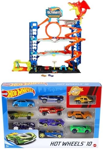 Hot Wheels City Ultimate Garage Track Set with 2 Die Cast Toy Cars & Car Eating Dragon  Stores 50  Vehicles  4 Levels