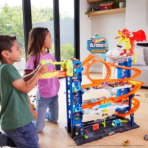 Hot Wheels City Ultimate Garage Track Set with 2 Die Cast Toy Cars & Car Eating Dragon  Stores 50  Vehicles  4 Levels