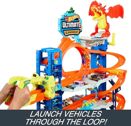 Hot Wheels City Ultimate Garage Track Set with 2 Die Cast Toy Cars & Car Eating Dragon  Stores 50  Vehicles  4 Levels
