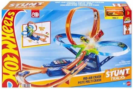 Hot Wheels Toy Car Track Set  Stunt Track Mid Air Crash with 1 64 Scale Die Cast Toy Car  Motorized Booster for Non Stop Stunting & Racing