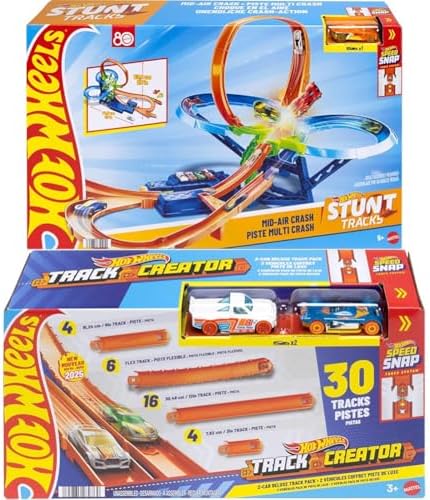 Hot Wheels Toy Car Track Set  Stunt Track Mid Air Crash with 1 64 Scale Die Cast Toy Car  Motorized Booster for Non Stop Stunting & Racing