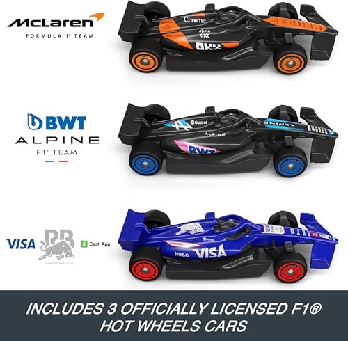 Hot Wheels Toy Car Track Set  3 Formula 1 Die Cast Vehicles in 1 64 Scale  McLaren F1 Team  Alpine & VCARB  Sprint Race Circuit  Teams May Vary 