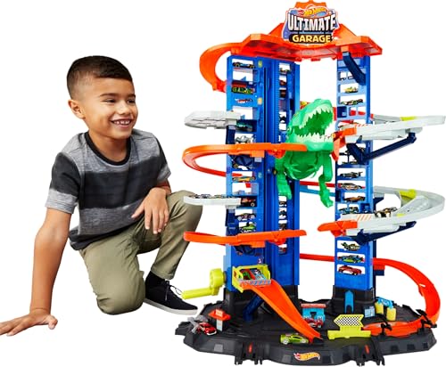 Hot Wheels Ultimate Garage Track Set with 2 Toy Cars  Hot Wheels City Playset with Multi Level Side by Side Racetrack  Moving T Rex Dino & Storage for 100  1 64 Scale Vehicles  Amazon Exclusive 