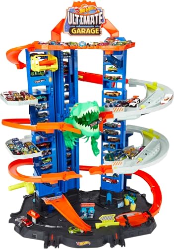Hot Wheels Ultimate Garage Track Set with 2 Toy Cars  Hot Wheels City Playset with Multi Level Side by Side Racetrack  Moving T Rex Dino & Storage for 100  1 64 Scale Vehicles  Amazon Exclusive 