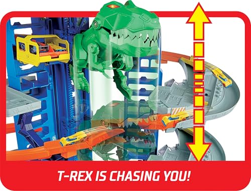 Hot Wheels Ultimate Garage Track Set with 2 Toy Cars  Hot Wheels City Playset with Multi Level Side by Side Racetrack  Moving T Rex Dino & Storage for 100  1 64 Scale Vehicles  Amazon Exclusive 