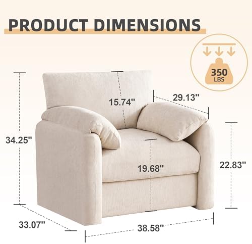 Howjoe Chenille Oversized Armchair  38 6 Wide Accent Chairs for Living Room & Bedroom Modern Lounge Chair  Upholstered Mid Century Reading Chair  Comfy Living Room Chair  Single Sofa Chair  Beige