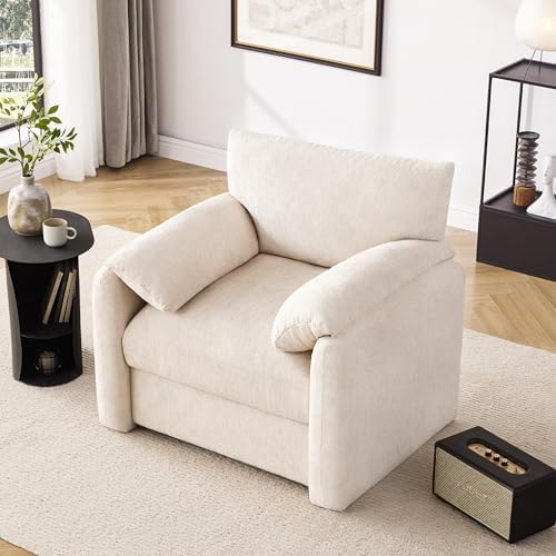 Howjoe Chenille Oversized Armchair  38 6 Wide Accent Chairs for Living Room & Bedroom Modern Lounge Chair  Upholstered Mid Century Reading Chair  Comfy Living Room Chair  Single Sofa Chair  Beige