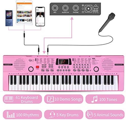Hricane Keyboard Piano Lighted Keys for Beginner Adults Teens Kids  61 Key Electronic Music Keyboard with Teaching Modes Powered by USB or Battery with LCD Display Microphone Headphone Jack