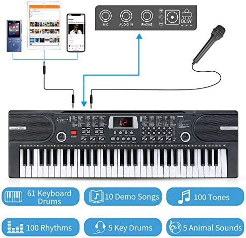 Hricane Keyboard Piano Lighted Keys for Beginner Adults Teens Kids  61 Key Electronic Music Keyboard with Teaching Modes Powered by USB or Battery with LCD Display Microphone Headphone Jack