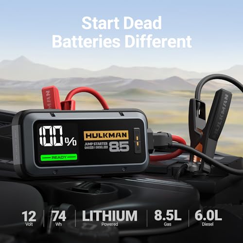 Hulkman Alpha85 Space Gray 2000A 74Wh Smart Jump Starter 12V Portable Car Battery Booster with 3 3 Display USB C Power Pack 5 Mode Flashlight Jumper Cables for up to 8 5L Gas/6 0L Diesel
