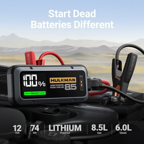 Hulkman Alpha85 Space Gray 2000A 74Wh Smart Jump Starter 12V Portable Car Battery Booster with 3 3 Display USB C Power Pack 5 Mode Flashlight Jumper Cables for up to 8 5L Gas/6 0L Diesel