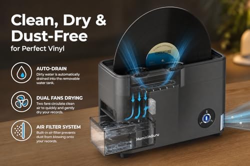 HumminGuru Ultrasonic Vinyl Record Cleaner  40kHz Ultrasonic Vinyl Record Cleaning Machine with Auto Drying  Vinyl Record Cleaner Kit with Filters  1Y Warranty  HG01 7/10/12 Inch 