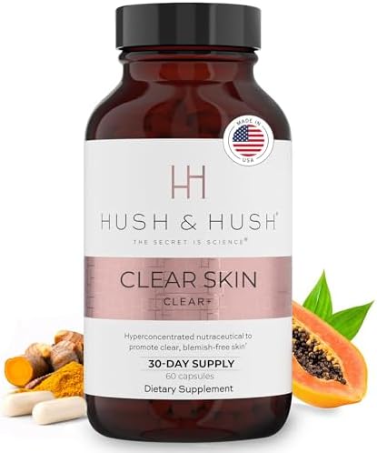 Hush & Hush Acne Supplements for Clear Skin   Clinically Proven Formula to Reduce Breakouts & Blemishes   Supports Hormonal Balance with Vitamin A  Zinc & Antioxidants   Vegan  Non GMO   60 Capsules