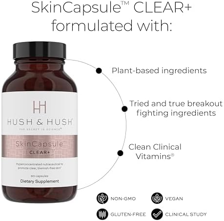 Hush & Hush Acne Supplements for Clear Skin   Clinically Proven Formula to Reduce Breakouts & Blemishes   Supports Hormonal Balance with Vitamin A  Zinc & Antioxidants   Vegan  Non GMO   60 Capsules