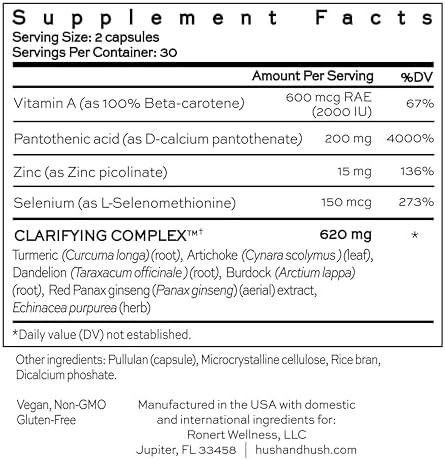 Hush & Hush Acne Supplements for Clear Skin   Clinically Proven Formula to Reduce Breakouts & Blemishes   Supports Hormonal Balance with Vitamin A  Zinc & Antioxidants   Vegan  Non GMO   60 Capsules