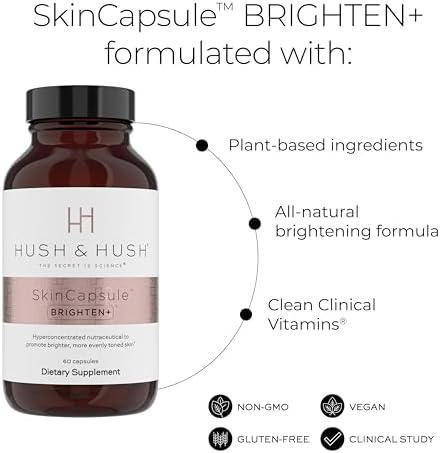 Hush & Hush Brighten  Vitamin C Supplement for Even Skin Tone  with Saberry  Lutemax  Antioxidants & Botanical Extracts  Supports Radiant Looking Skin  Vegan Non GMO  60 Capsules