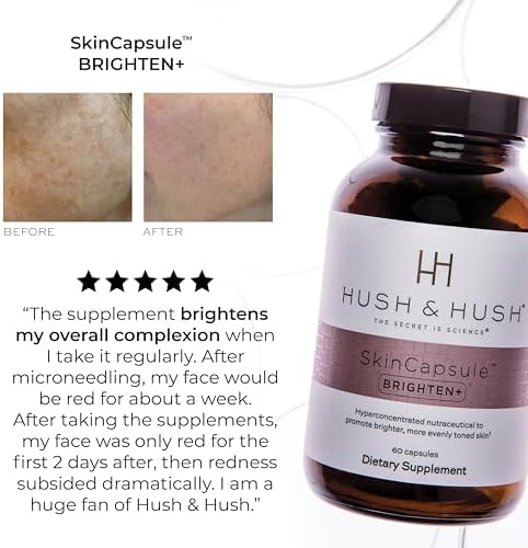 Hush & Hush Brighten  Vitamin C Supplement for Even Skin Tone  with Saberry  Lutemax  Antioxidants & Botanical Extracts  Supports Radiant Looking Skin  Vegan Non GMO  60 Capsules