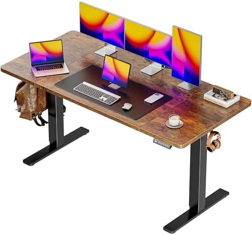 Huuger 55 x 28 Large Electric Standing Desk  Height Adjustable Computer Desk  27 6 Deep Desktop  Stand up Gaming Office Desk with 2 Hooks  3 Preset Heights  for Home Office  Rustic Brown