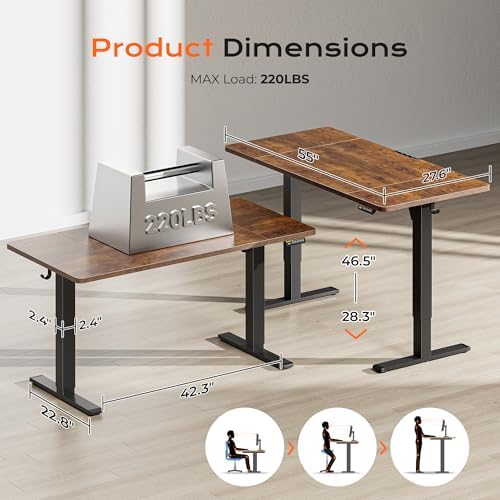 Huuger 55 x 28 Large Electric Standing Desk  Height Adjustable Computer Desk  27 6 Deep Desktop  Stand up Gaming Office Desk with 2 Hooks  3 Preset Heights  for Home Office  Rustic Brown