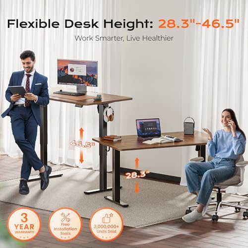 Huuger 55 x 28 Large Electric Standing Desk  Height Adjustable Computer Desk  27 6 Deep Desktop  Stand up Gaming Office Desk with 2 Hooks  3 Preset Heights  for Home Office  Rustic Brown