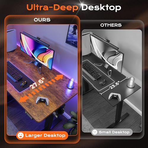 Huuger 55 x 28 Large Electric Standing Desk  Height Adjustable Computer Desk  27 6 Deep Desktop  Stand up Gaming Office Desk with 2 Hooks  3 Preset Heights  for Home Office  Rustic Brown