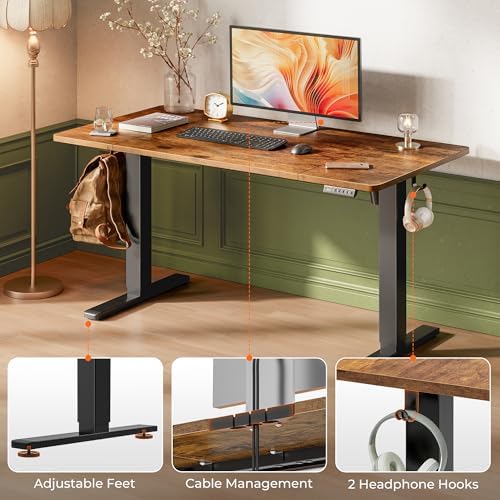 Huuger 55 x 28 Large Electric Standing Desk  Height Adjustable Computer Desk  27 6 Deep Desktop  Stand up Gaming Office Desk with 2 Hooks  3 Preset Heights  for Home Office  Rustic Brown
