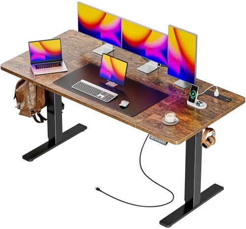 Huuger 55 x 28 Large Electric Standing Desk  Height Adjustable Computer Desk  27 6 Deep Desktop  Stand up Gaming Office Desk with 2 Hooks  3 Preset Heights  for Home Office  Rustic Brown