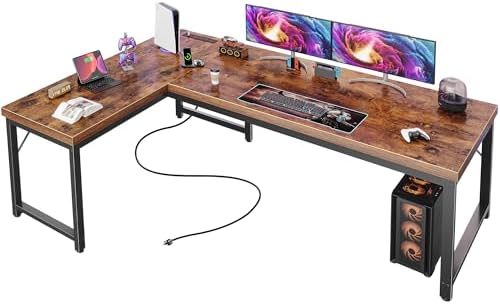 Huuger 63 Inch L Shaped Desk with Power Outlets and USB C Port  0 95 Inch Thicker Desktop  Reversible Computer Desk  Larger Office Corner Gaming Desk  Metal Frame  for Home Office  Study  Rustic Brown