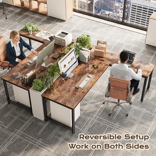 Huuger 63 Inch L Shaped Desk with Power Outlets and USB C Port  0 95 Inch Thicker Desktop  Reversible Computer Desk  Larger Office Corner Gaming Desk  Metal Frame  for Home Office  Study  Rustic Brown