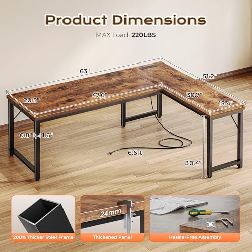 Huuger 63 Inch L Shaped Desk with Power Outlets and USB C Port  0 95 Inch Thicker Desktop  Reversible Computer Desk  Larger Office Corner Gaming Desk  Metal Frame  for Home Office  Study  Rustic Brown